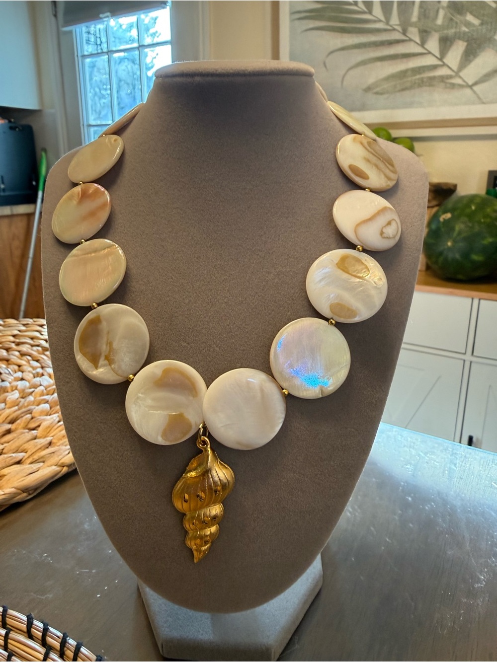 : Handmade Mother of Pearl Disc Necklace | Gold Wire Coastal Statement Jewelry